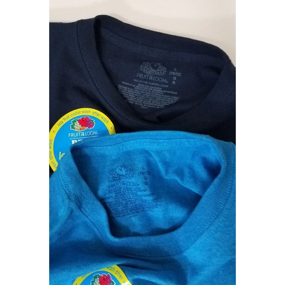 2-Fruit of the Loom Long Sleeve Crew Shirts Boys L (10-12) Blue Tees Cotton‎ NEW